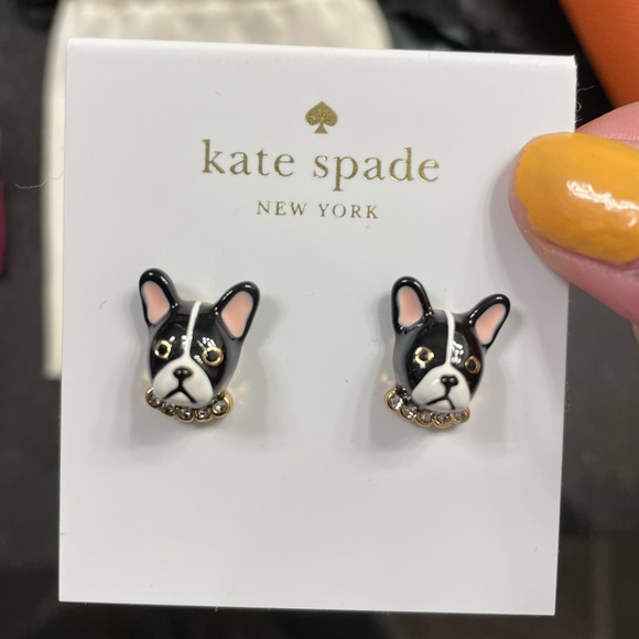 Kate Spade French Bulldog Stud Earrings with a Gem Collar - Picture 2 of 3